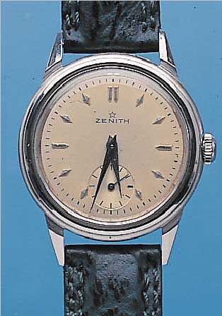 ZENITH HERRENARMBANDUHR, REF.-NR. 8478788, SCHWEIZ UM 1955, EDELSTAHL- STüLPGEH., VERG. RUNDANKERWERK, 15 ST., HANDAUFZ., ...