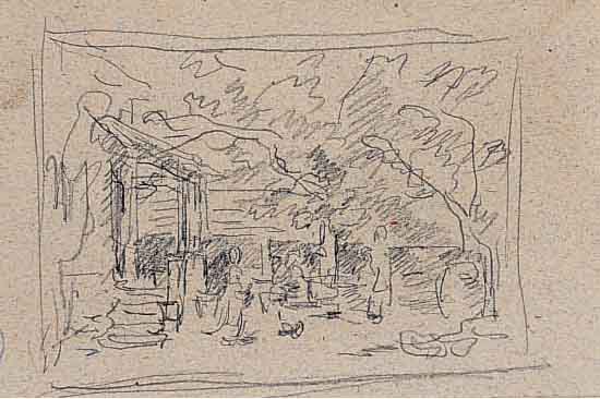 BURGER, ANTON, 1824 FRANKFURT-1905 KRONBERG, KLEINE BLEISTIFTSKIZZE, PERSONEN VOR HäUSERN, CA. 6,5 X 9 CM, NACHLAßSTEMPEL, PP