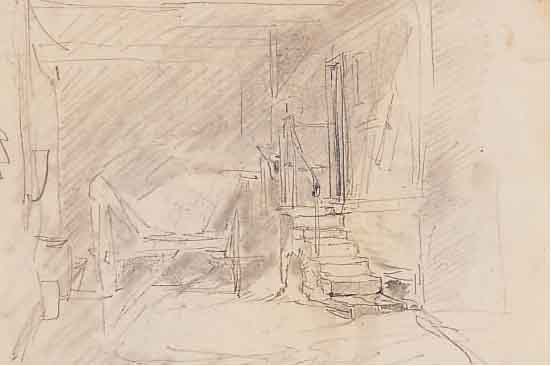 BURGER, ANTON, 1824 FRANKFURT-1905 KRONBERG, KLEINE BLEISTIFTSKIZZE, INTERIEUR MIT TREPPE UND SESSEL, CA. 16 X 21 CM, VERSO NACHLAß- STEMPEL, PP