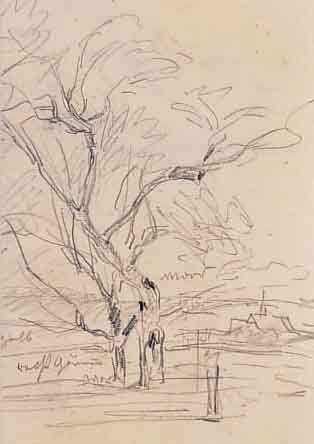 BURGER, ANTON, 1824 FRANKFURT-1905 KRONBERG, KLEINE BLEISTIFTSKIZZE, BAUM IN LANDSCHAFT, MIT FARBVERMERKEN, VERSO NACHLAßSTEMPEL, CA. 16 X 10 CM, ...