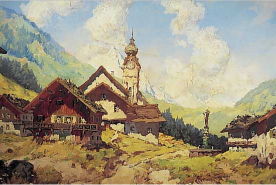 MüLLER, HANS, ERSTES DRITTEL D. 20. JH., BERGDORF MIT KIRCHE, 70 X 100 CM, R., ÖL/LWD.,SIGN.