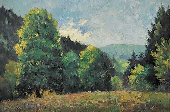 Zuschreibung: Möller, Arnold, *1884, war tä-tig in Dachau, sommerliche bewaldete Hügel- landschaft, Öl/Lwd., sign., 60 x 80 cm, R.