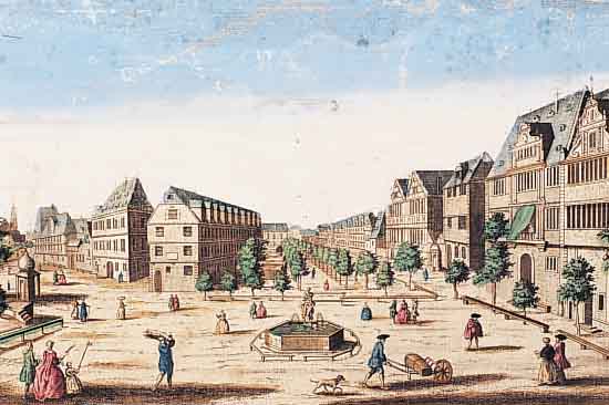 GUCKKASTENBILD, 18. JH., KUPFERSTICH DES PFERDEMARKTES IN FRANKFURT, KOLORIERT, IM OBEREN TEIL WASSERFLECKIG, CA. 25 X 42 CM, U.GL., R.