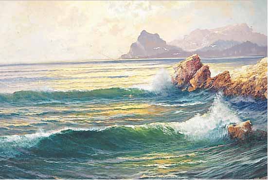 PETZOLD, MARINEMALER DES 19./20.JH., FELSIGEMEERESKüSTE MIT BRANDUNG. ÖL/LWD., SIGN., 70 X 100 CM, R. (BESCH.)