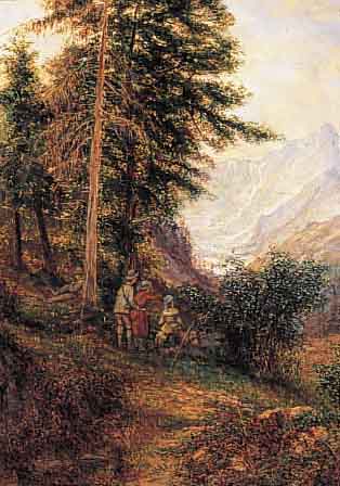 UNBEKANNTER MALER AUS DER ZEIT UM 1890/1900, WANDERER GENIEßEN DEN BLICK AUF DIE BERGE, ÖL/LWD, KRAKELIERT, LI. U. UNLESERLICH SIGN., ...