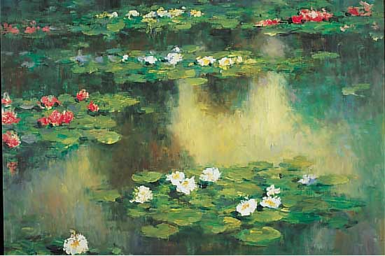 SETTON, P. (O.ä.), ZEITGEN. KüNSTLER, WEISSEUND ROTE SEEROSEN AUF EINEM SEE, NACH DEM VOR-BILD MONETS, ÖL/LWD., SIGN., 50 X 60 CM, R.