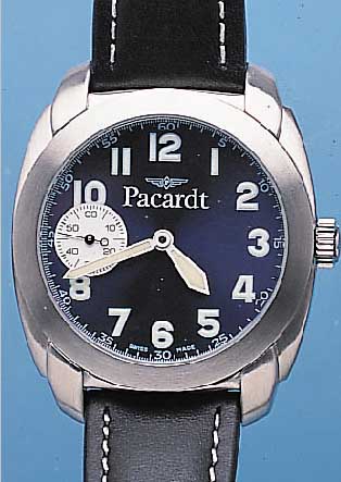 PACARD FLIEGERUHR, REF.-NR. 5959, SCHWEIZ 1999, EDELSTAHL MATT., GROßE CARREE-CAMBRE- FORM, D. CA. 44 MM, ORIG.-ETUI, LEDERBD., ...