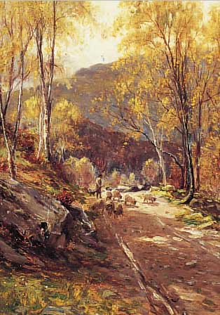 Buchanan, Peter, britischer Maler des 19.Jh., Hirte mit Schafen auf einem Waldweg, Öl/ Lwd, li. u. sign. und dat. 1879, ca. 45,5 x 30,5 cm