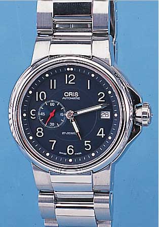 ORIS HERRENARMBANDUHR AUTOMATIK, REF.-NR. 6496, SCHWEIZ UM 1999, EDELST. TEILW. POL., TEILW. MATT., BEIDS. SAPHIRVERGL., BODEN U. KRONE ...