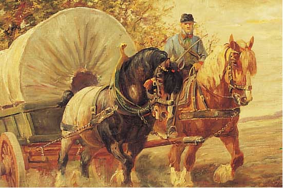 Westerop, Wilhelm, Potsdamer Pferdemaler des 19./20.Jh., nachgewiesen noch um 1930, Bauermit Planwagen und Pferdegespann. Öl/Lwd.,rest.sign., 39 x ...