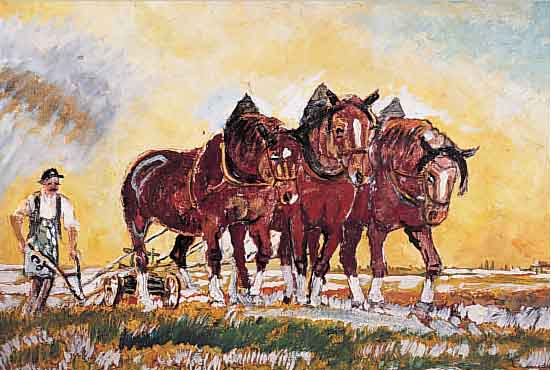 UNBEKANNTER MALER DER 1. HäLFTE DES 20. JH., PFLüGENDER BAUER MIT PFERDEGESPANN, ÖL/LWD, RE. U. UNLESERLICH SIGN., CA. 60 X 80 CM, R.