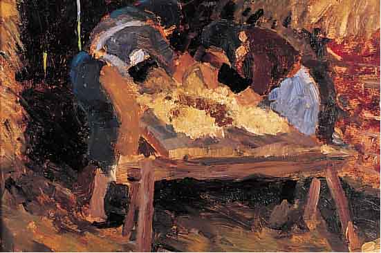 SCHACHT, RICHARD, 1900-1974, FRAUEN BEIM ZUPFEN VON SCHAFSWOLLE, ÖL/MALKARTON, CA. 36,5 X 48,5 CM, R.