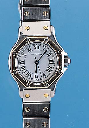 CARTIER Damenarmbanduhr Modell Santos, Schweiz um 1982, Edelst.-Einschalengeh., get. A-Welle, Saphirschmuckkrone, GG-Lünette, 8- fach ...