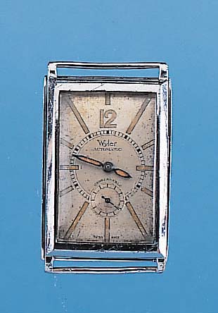 WYHLER Herrenarmbanduhr Mimomatic, Ref.-Nr. 143, Schweiz um 1933, Nickel-Chrom-Geh., Rect.-Form, doppelter Boden, Unterteil zur Energie-übertragung ...