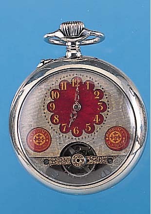 HEBDOMAS Herrentaschenuhr 8-Tage, Schweiz um 1920, Nickelgeh., Zifferbl. teilw. transl. rot emaill., Schwungber. der Unr. sichtb., großes ...