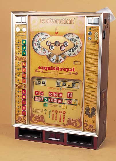 Geldspielautomat, Rotamint, Ende 70er/Anfang 80er Jahre, mit Schlüssel und Wandhalterung,ca. 85 x 60 x 28 cm, Gebr.-spuren