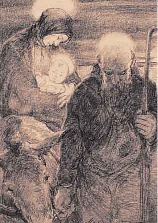 BERGMANN, MAX, 1884 FüRSTENBERG-1955 HAIMHAU- SEN, DIE HEILIGE FAMILIE AUF DER FLUCHT AUS ÄGYPTEN, BLEISTIFTZEICHNUNG, HANDSIGNIERT, ZU-SäTZLICH ...