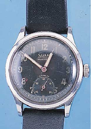 SILVANA HERRENARMBANDUHR MODELL MILITARY, REF.-NR. 13201, SCHWEIZ UM 1942, EDELSTAHL, BOD. GESCHR., BEI FERT.-STELL. WASSERG., ORIG.-BLATT ...