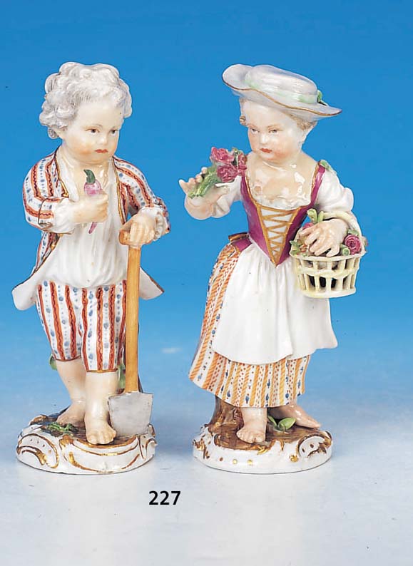 Paar Porzellanfiguren, Meissen, Marcolinizeit 1774 - 1814, Gärtnerpaar, bemalt, l. rest., H. 12.5 cm