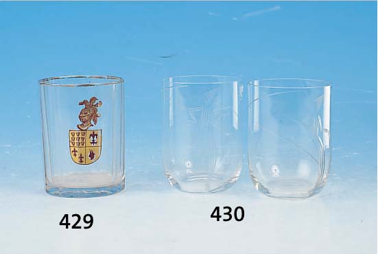 VIER GLäSER, ENTWURF SüSSMUTH, 20ER JAHRE, FARBLOSES GLAS, REICH GESCHLIFFEN, H. JE CA. 8,5 CM