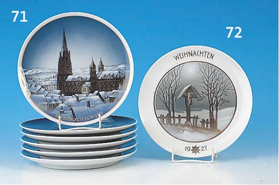 SECHS TELLER, ROSENTHAL, 70ER JAHRE, UNTERGLASBEMALUNG, GOLDSTAFFAGE, D. 22 CM