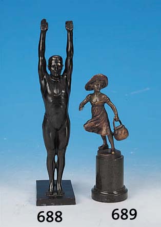 BRONZESKULPTUR, DEUTSCH, UM 1900, SIGN. SCHäFFERT, STEINSOCKEL, MäDCHEN MIT HENKELGEFäß, H. 19 CM