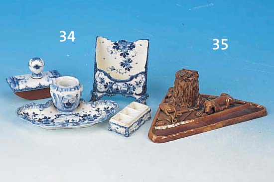 SCHREIBTISCHSET, WOHL DELFT, UM 1900, FAYENCE, BEMALT, DECKEL FEHLT, VIER TEILE, VERSCH. GRößEN