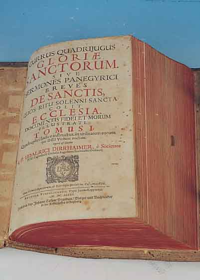 BUCH AUGSBURG, UM 1632, HEILIGENBESCHREIBUNGEN, GLOTIRIAE SANCTORUM ALTER LEDEREINBAND, GEPRäGT, SPUREN VON ALTEM ...