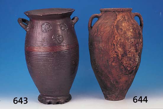 GROßES VORRATSGEFäß, LANGERWEHE, 18. JH., ZWEI HENKEL, STEINZEUG, JEDE SEITE MIT DREI RUNDEN WAPPEN, AM RAND REST., H. 56.5 CM, D. 31 CM, ...