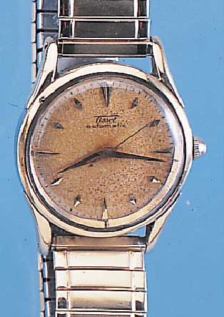 TISSOT HERRENARMBANDUHR AUTOMATIK, REF.-NR. 6548-4, SCHWEIZ UM 1954, EDELST., BODEN GESCHRMASSIV-GG-LüNETTE, STARKE GG-SCHULTERN, ...