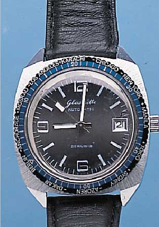 GLASHÜTTE HERRENARMBANDUHR WELTZEIT, REF.- NR. 457626, DEUTSCHLAND UM 1972, METALL HART- VERCHR., EDELST.-BODEN GEDR., LüNETTE M. ...