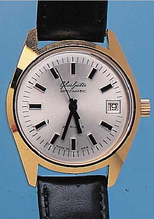 GLASHÜTTE HERRENARMBANDUHR SPEZIMATIC, REF.-NR. 75/734, DEUTSCHLAND UM 1974, METALL HART- VERG., EDELST.-BODEN GEDR., 26 ST., ZENTRAL- ROTOR, ...
