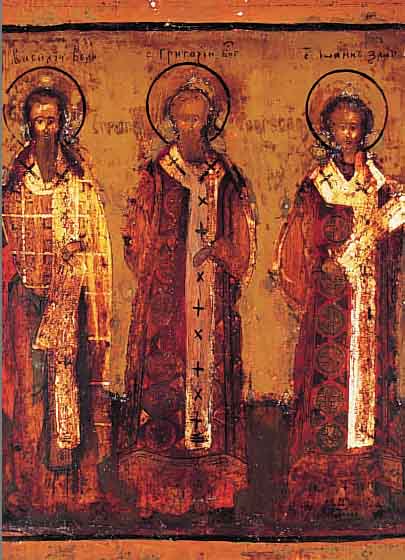 IKONE, RUßLAND, UM 1810-20, DARSTELLUNGEN DER HEILIGEN: WASSILY, GRIGORI UND JOHANNES, EINIGE FARBABBLäTTERUNGEN, CA. 27 X 24 CM, MIT WASSER ...