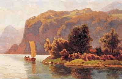 UNBEKANNTER KüNSTLER, DEUTSCH, ANFANG 20 JH., ALPENLäNDISCHE SEENANSICHT MIT BOOT, ÖL/LWD.