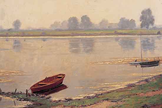 METLER, J., DüSSELDORFER MALER, SEEANSICHT MIT BOOT, ÖL/LWD., KRAKELIERT, 51 X 61 CM, ALTERSSPUREN