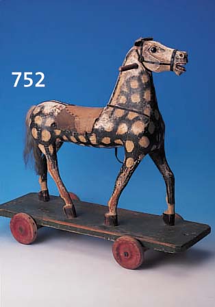 PFERDCHEN, DEUTSCH, UM 1910/20, LEDEROHREN, HOLZ BEMALT, LEICHTE ALTERSSCHäDEN, 62 X64 X 25 CM