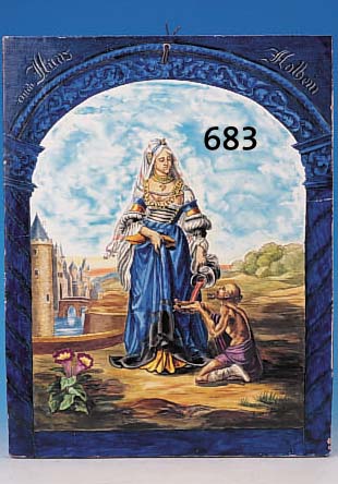 Keramikplatte, Frankreich, um 1890-1900, bunt bemalt mit einem Motiv nach Hans Holbein,sign. Marie Becker, ca. 44 x 34 cm