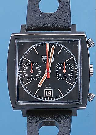 HEUER ARMBANDCHRONOGRAPH MONACO, REF.-NR. C3137-8, SCHWEIZ UM 1970, EDELST.-STüLPGEH., OBERTEIL SCHW. MATTIERT, 30-MIN.-U. 12-STD.- ...