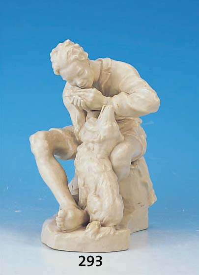 ROSENTHALSKULPTUR, GERMANY, KUNSTABTEILUNG SELB, 30/40ER JAHRE, MUNDHARMONIKASPIELER M.HUND, HöFER-KELLING, SIGN. KELLING 1936, 25 X 22 CM