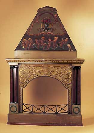Kaminumrandung, um 1900, Holz, Oberteil Leinen bemalt, z.T beschädigt, ca. 225 x 145 x 51 cm