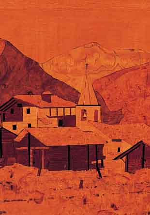 ZWEI INTARSIENBILDER, SCHWEIZ, 20ER JAHRE, ANSICHTEN AUS WALLIS UND APPENZELL, JE CA. 26,5 X 20 CM, R.