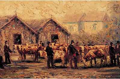 SOHLER, LUDWIG, MüNCHENER MALER, VIEHMARKT, ÖL/LWD, LI. U. SIGN., PASTOSER EXPRESSIVER PINSELDUKTUS, CA. 50 X 60 CM, R.