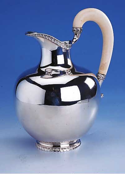 KANNE MIT ELFENBEINGRIFF, PFORZHEIM 30ER JAHRE, MEISTERMARKE DEYHLE, 835ER SILBER, STIL. AKANTHUSBANDVERZ., SEHR DEKORATIV, H CA. 22 CM, ...