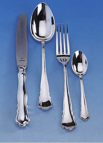 BESTECK FüR 6 PERSONEN, 90ER SILBERAUFLAGE, ENTWURF 30ER JAHRE, BEST. AUS: 6 MESSER, 6 GABELN, 6 LöFFEL UND 6 KAFFEELöFFEL
