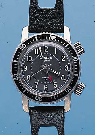SEARS ARMBANDWECKER, REF.-NR. 17052, SCHWEIZUM 1965, METALL VERCHR., EDELST.-BODEN GEDR., TAUCHERUHRDESIGN, LüNETTE BEIDS. DREHB., KON- ...