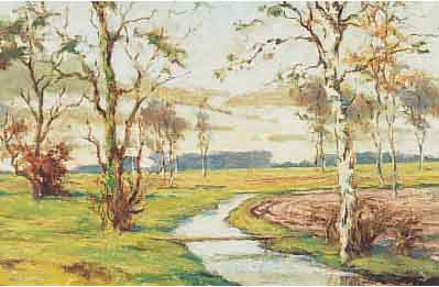 BODE, ADOLF, OFFENBACH 1904-1970, BACHLAUF IN WEITER LANDSCHAFT MIT BIRKEN, ÖL/LWD, LI. U. SIGN., CA. 20 X 27 CM, PP, U.GL., R.