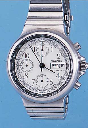 TOURNEAU ARMBAND-CHRONOGRAPH, REF.-NR. 775102, SCHWEIZ UM 1988, EDELSTAHL MATT., BOD. AUFGEDR., BEI FERT.-STELL. WASSERG., ...