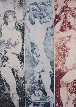 JANSCHKA, FARBAQUATINTARADIERUNG, DREI WEIBLICHE AKTE, HANDSIGN. UND NUM. 72/160, CA. 49 X 34,5 CM