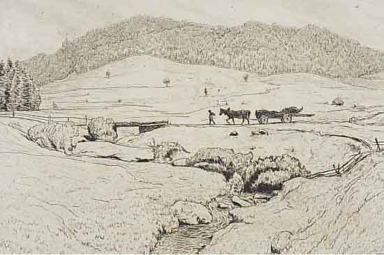 THOMA, HANS, WEITE LANDSCHAFT MIT BAUER UND PFERDEFUHRWERK, HANDSIGN., CA. 27 X 34 CM
