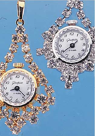 KONVOLUT: 4 GLASHÜTTE ANHäNGEUHREN, METALL, STRASSBESATZ, VERSCH. DESIGN, UNGETR. LAGERW.,EHEMALIGE DDR-PRODUKT., UM 1986, HANDAUFZUG- KAL. ...